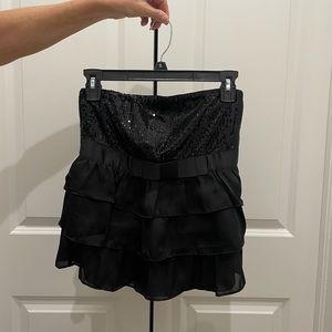 Black, sparkly, strapless, flowy top